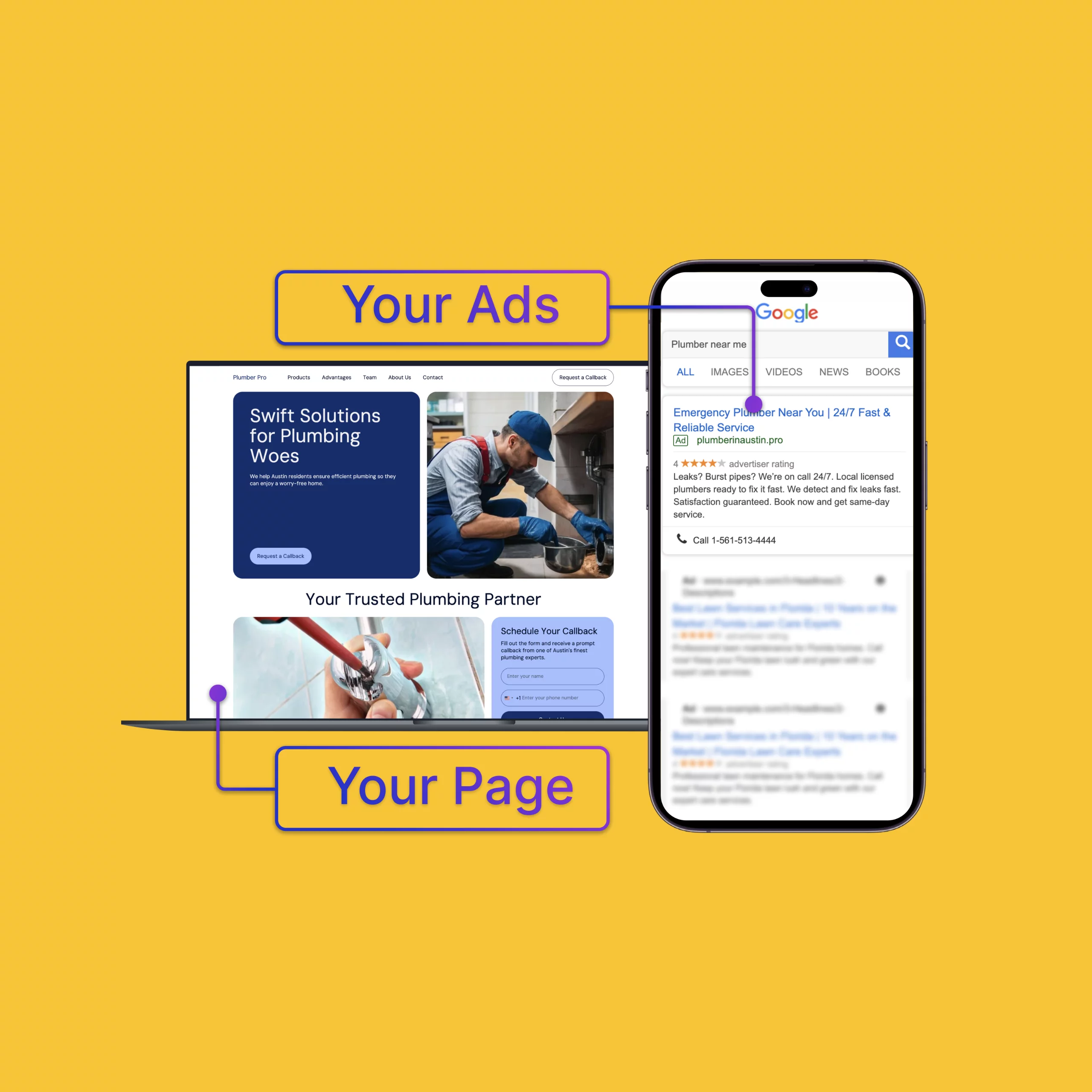 Image of a plumbing business owner exploring a digital marketing dashboard.
